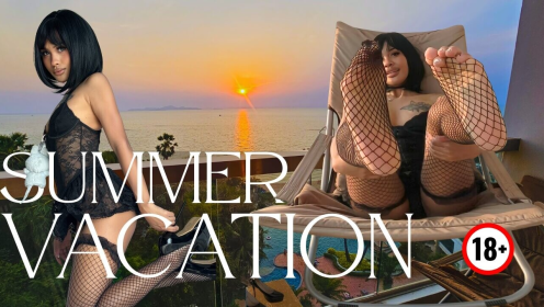 Cute Asian in Black Lace Lingerie Sways Hips on Oceanfront Balcony